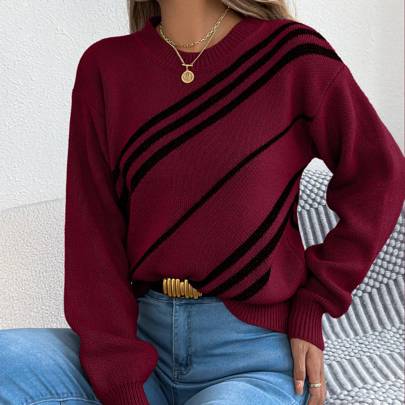 Women Clothing Autumn Winter Casual Striped round Neck Lantern Long Sleeve Pullover Bella Mia