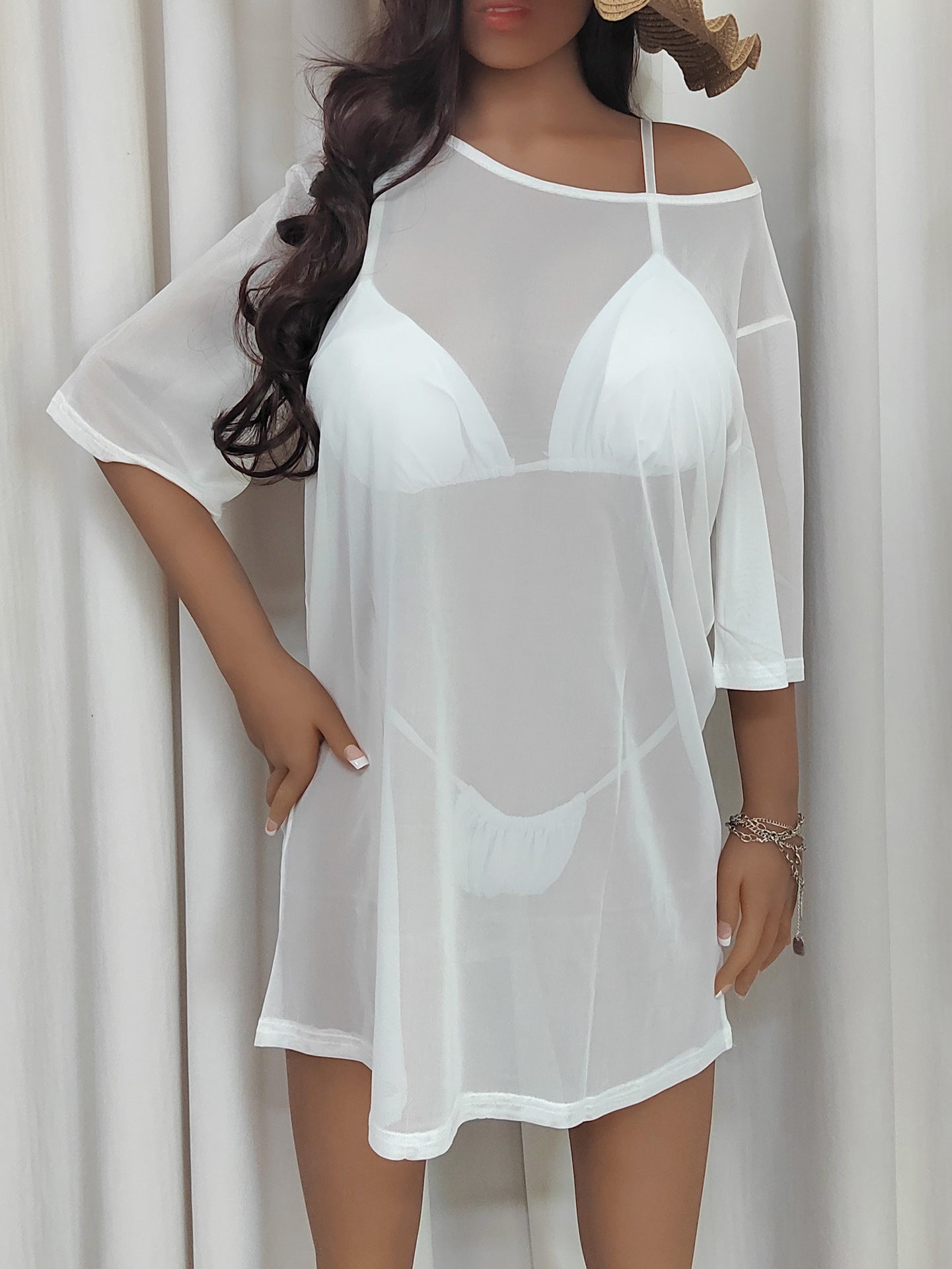 Women Clothing Sexy See through Tulle Half Sleeve Casual T shirt All Matching Smock Women Bella Mia