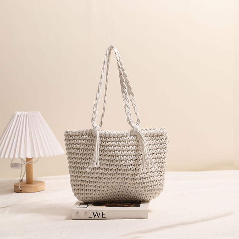 Tassel Shoulder Cotton Thread Woven Bag Solid Color Straw Bag Vacation Beach Bag Casual Women Bag Bella Mia
