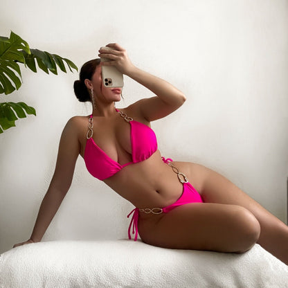 Solid Color Tied Diamond Metal Ring Split Bikini