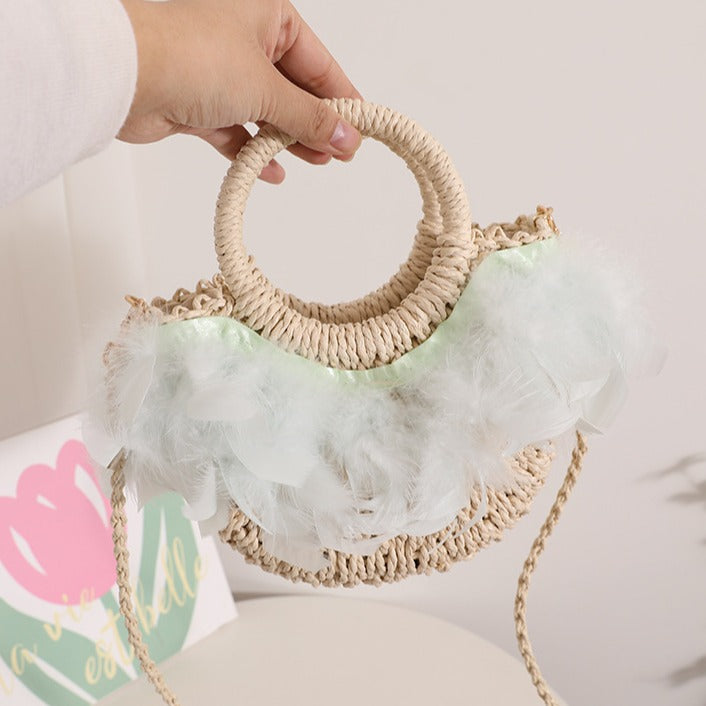 Fairy Feather Crossbody Straw Bag Cute Portable Semicircle Straw Bag Woven Bag Rattan Weave Bag Seaside Vacation Beach Bag Bella Mia