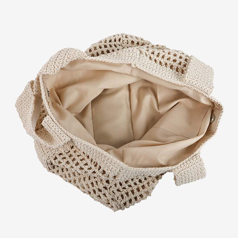 Casual Large Capacity Cotton Thread Woven Bag Hollow Out Cutout Straw Bag Seaside Vacation Beach Bag Mesh Shoulder Bag Bella Mia