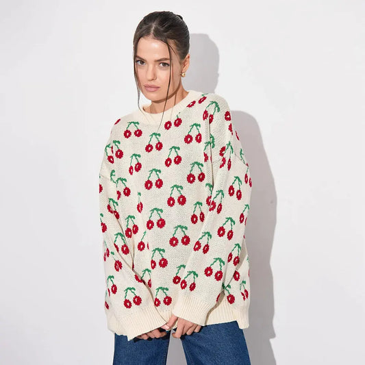 Cherry Printed Sweater Idle Loose Knitted Pullover Autumn Winter Sweet Cherry Sweater Bella Mia