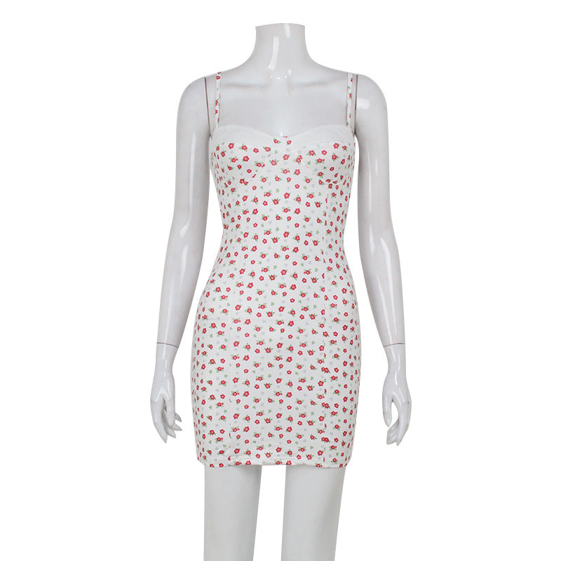 Summer Sexy Lace Stitching Floral Strap Dress Backless Sweet Spicy Casual Bella Mia