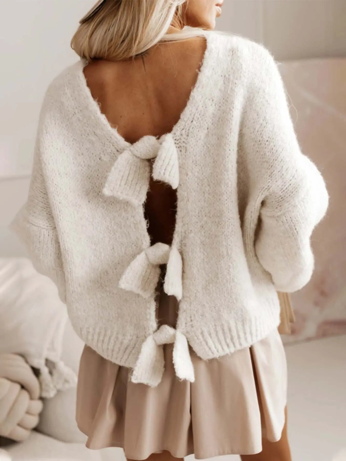 Autumn Winter Bow Tie Women Knitwear Sexy Backless Loose Sweater Top Bella Mia