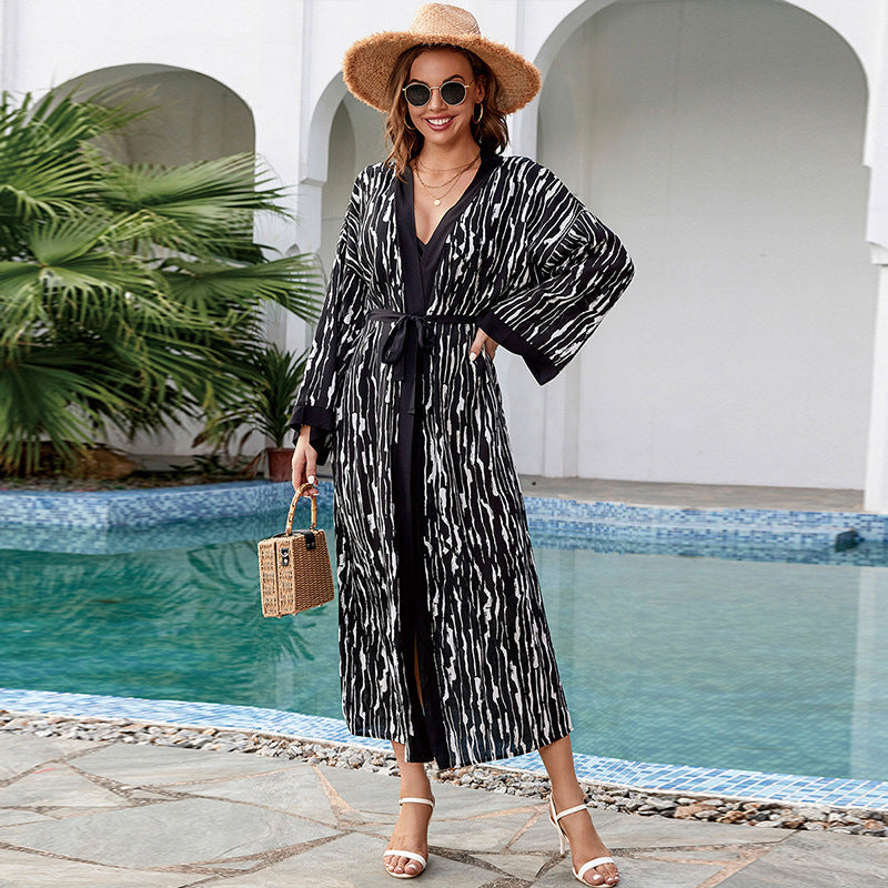 Print Holiday Beach Jacket Sun Protection Clothing Cardigan Long Bikini Cover up Swimsuit Blouse Bella Mia