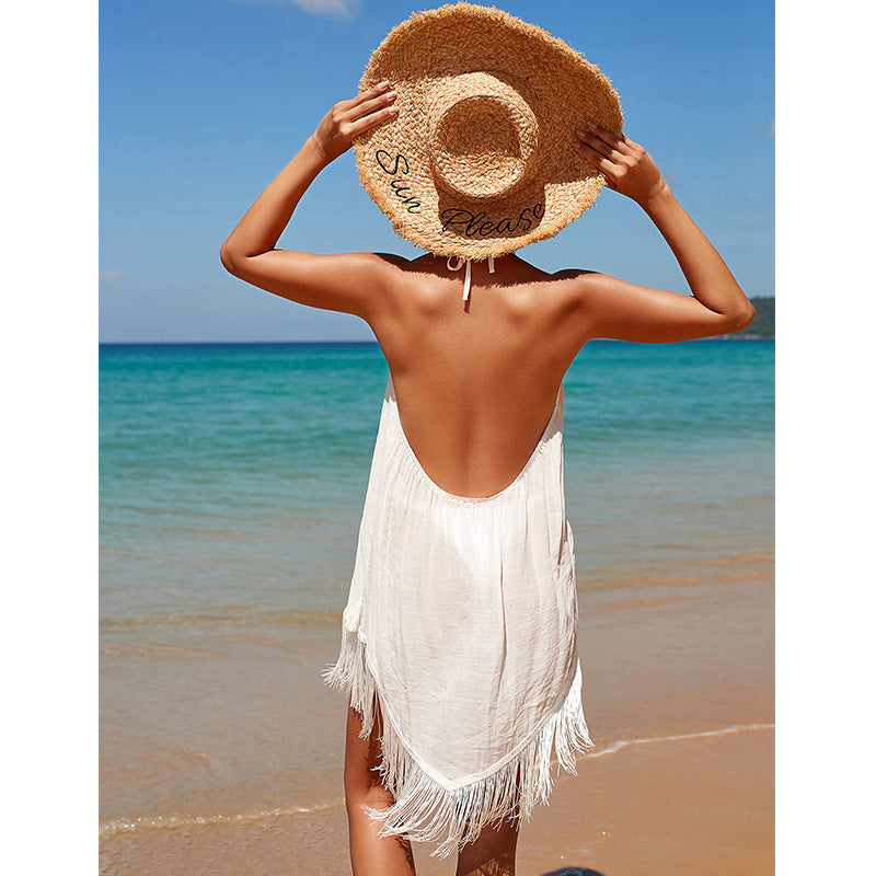 Sling Beach Overskirt Seaside Vacation Pullover Solid Color Beach Sun Protection Clothing Backless Tassel Bikini Smock Dress Bella Mia