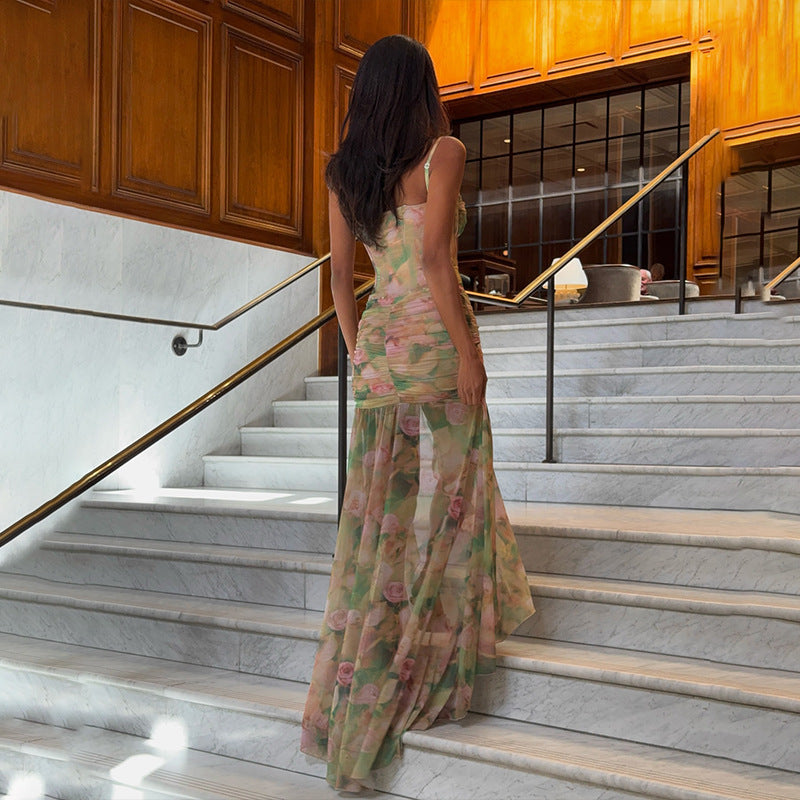 Women Clothing Summer Sexy Spaghetti Strap Floral Print Vacation Beach High Waist Slimming Slit Dress Women Bella Mia