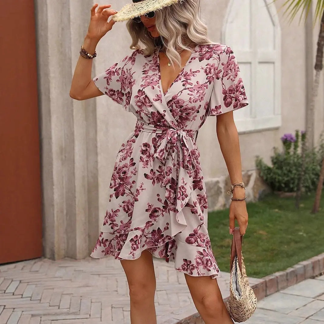 Women Clothing Summer Printed Dress Spotted Ruffled Wrap Lace up Bella Mia