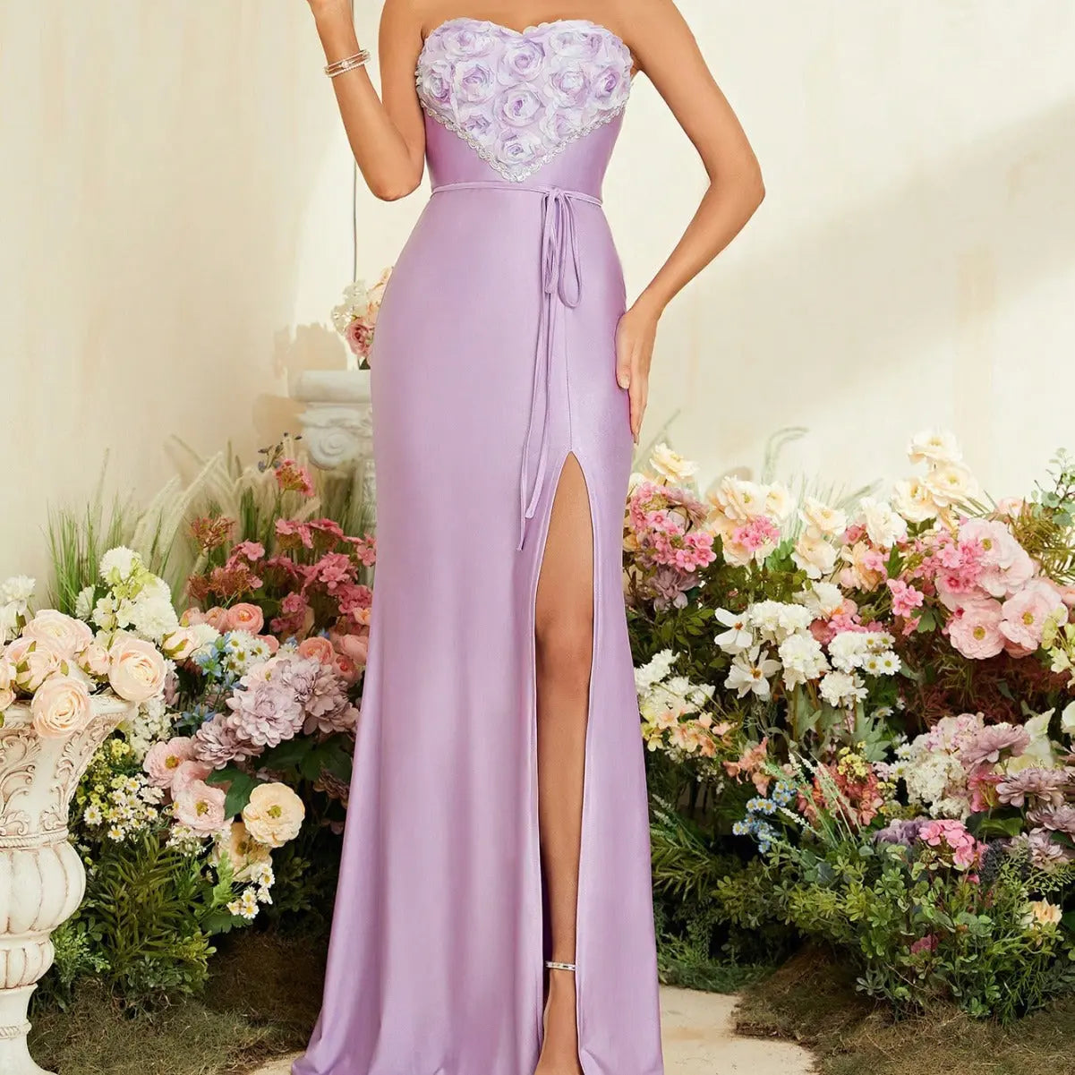 Evening Dress Tube Top Elegant Three Dimensional Embroidered Patchwork Knitting Fishtail Slit Dress Summer A Line Bella Mia