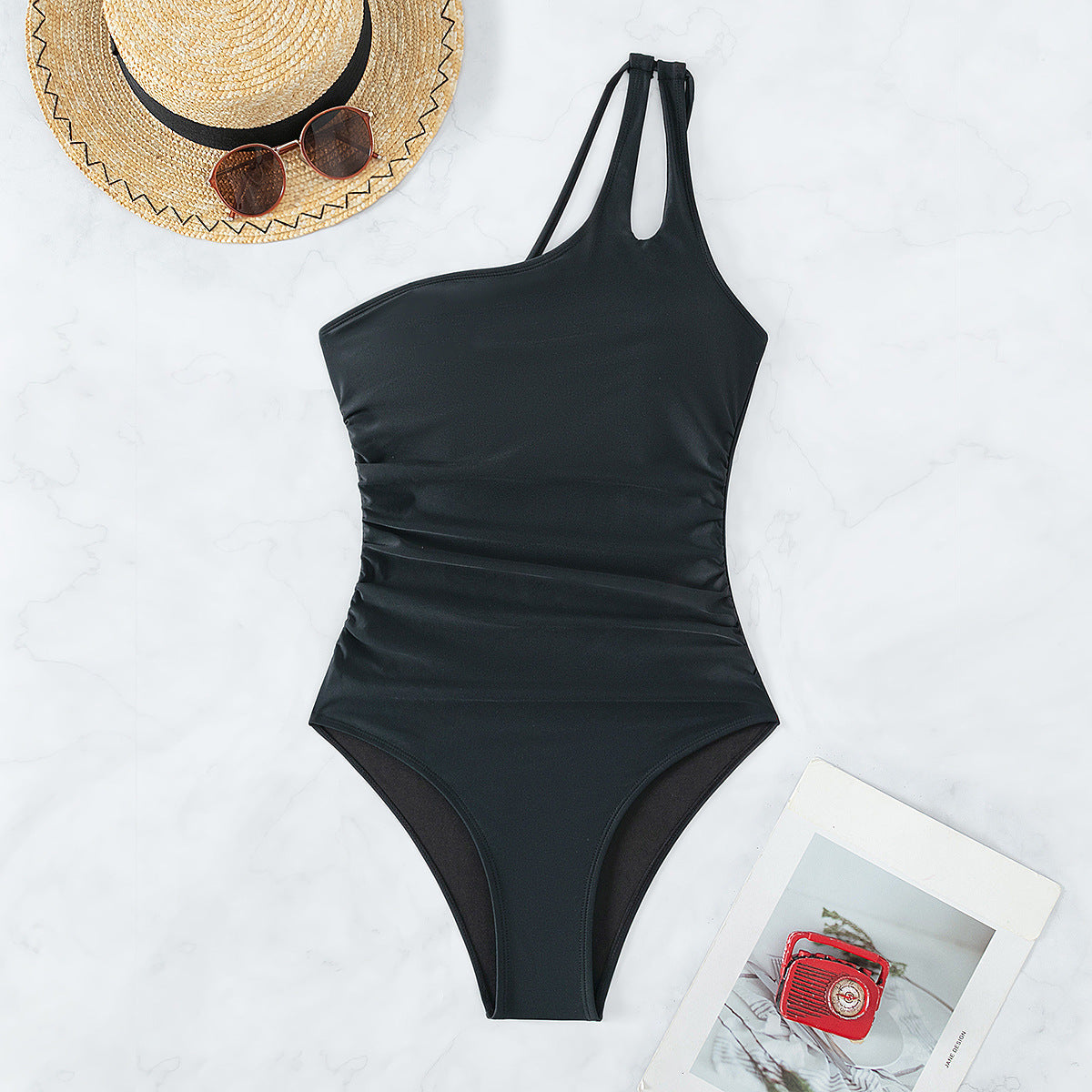 Solid Color One Shoulder Sexy High Waist One Piece Bikini Swimsuit for Women Bella Mia