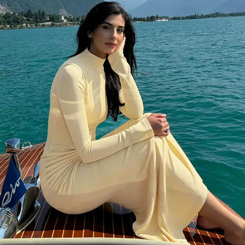 Women Clothing Autumn Suede Solid Color Long Sleeve Pleated Fishtail Dress Slim Dress Bella Mia