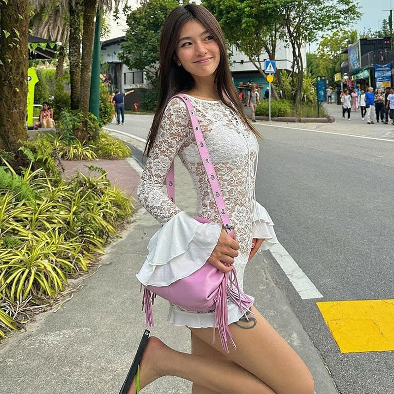 Sweet Spicy Lace Hollow Out Cutout out off Collar Tied Lotus Leaf Short Dress Summer Bella Mia