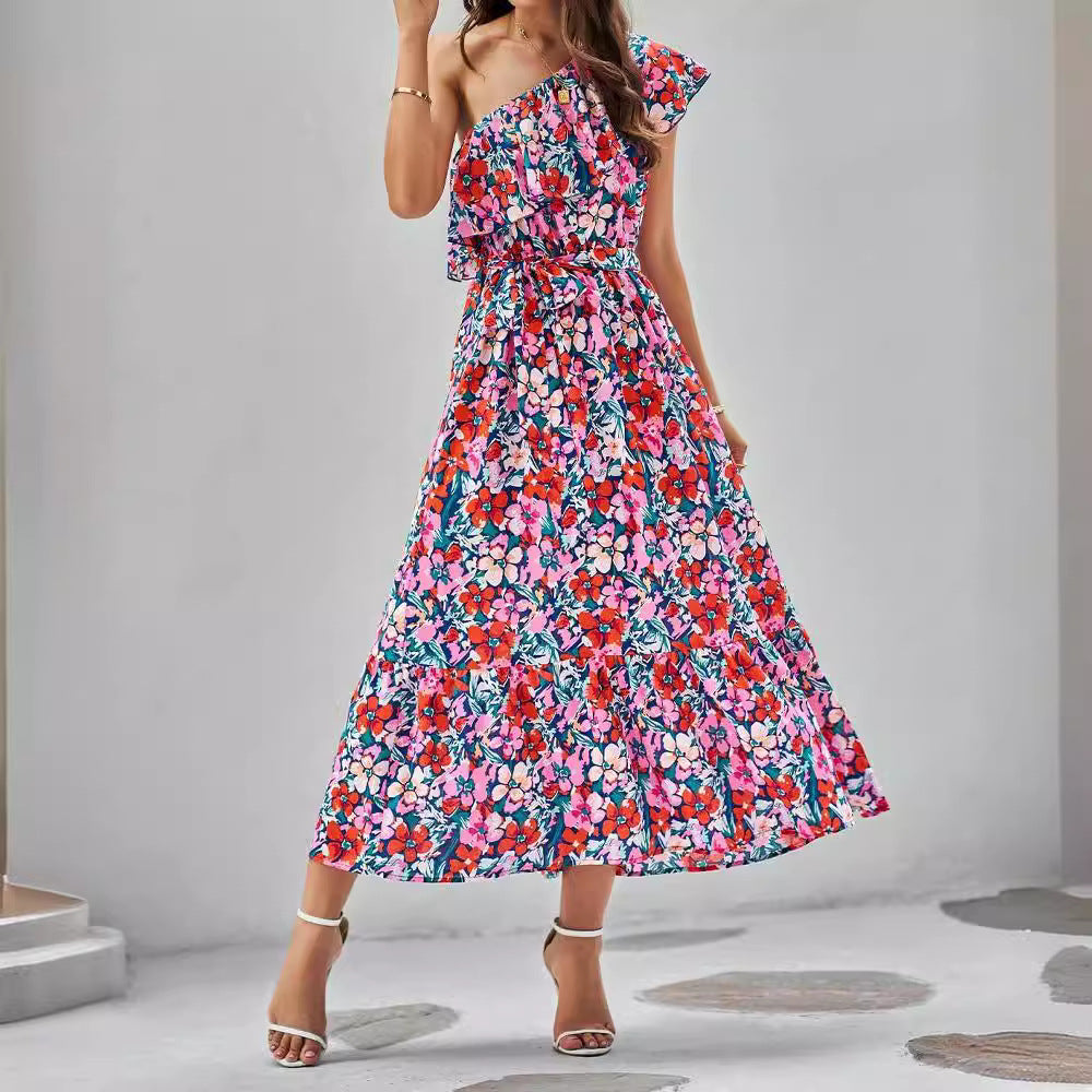 Summer Women Clothing Printed Oblique Shoulder Ruffles Sleeveless Dress Bella Mia