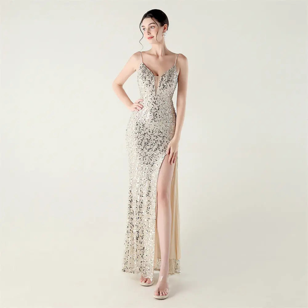 Bead Tube Sequin Spaghetti Strap High Slit Evening Dress Cross Tied Slim Fit Slimming Dinner Social Women Bella Mia