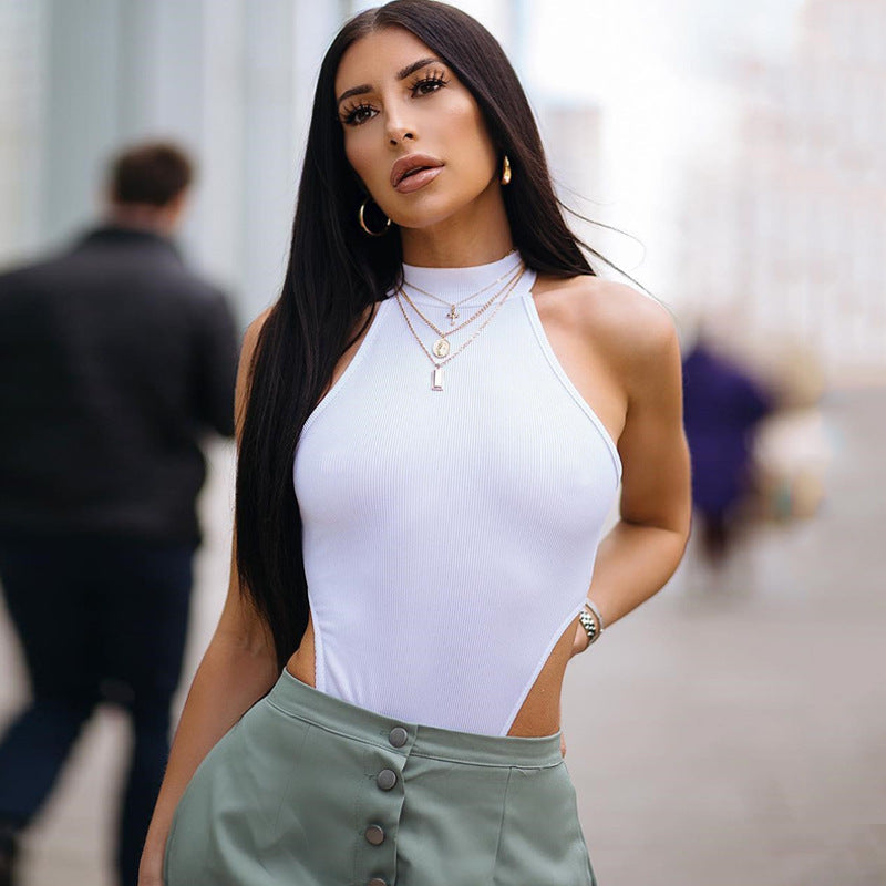 Summer Women Clothing Slim Vest Top Sexy Halter Sleeveless High Slit Bodysuit Bella Mia