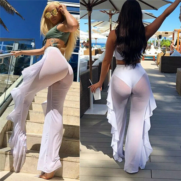 Ruffled Solid Color Casual Sexy Yarn Pants See through Women Beach Vacation Trousers Bella Mia