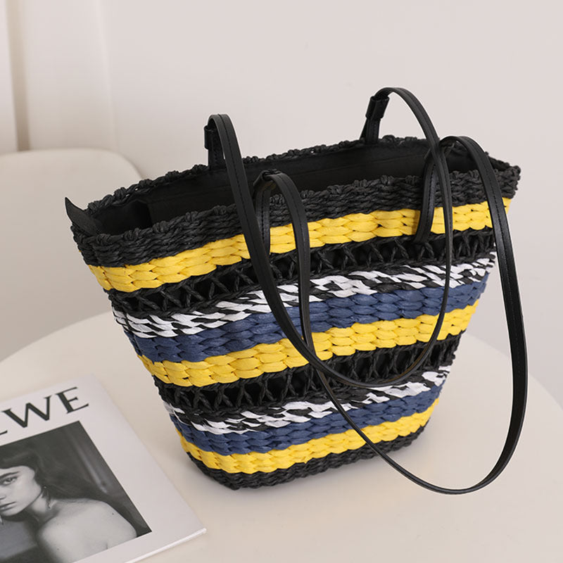 Hollow Out Cutout Straw Bag Vintage Stripe Portable Straw Bag Woven Bag Seaside Vacation Beach Bag Shoulder Bag Bella Mia