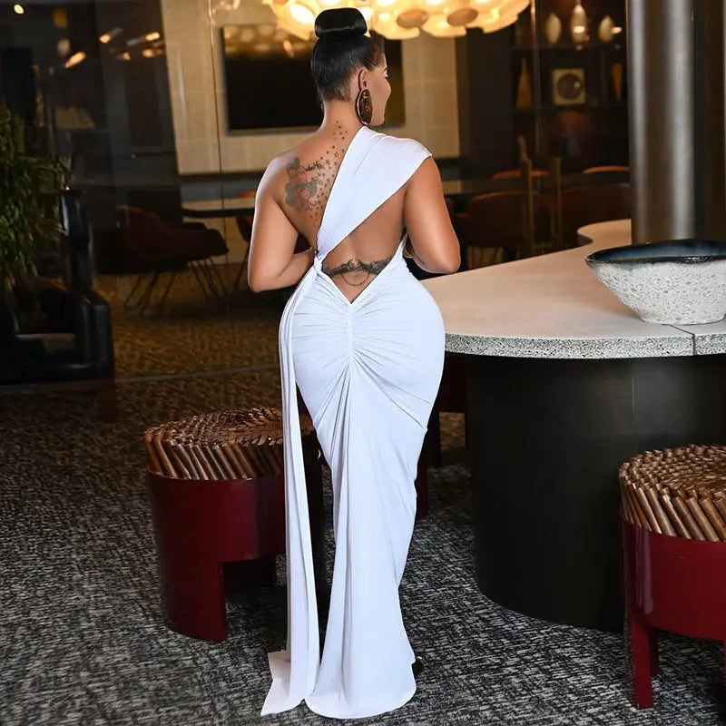 Women Clothing Tied Slim Fit Design Slimming Hip Pleated Diagonal Collar Shoulder Solid Color Length Dress Bella Mia