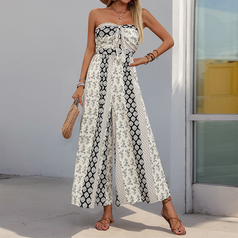 Summer Binding Jumpsuit Ethnic Print Casual Sleeveless Tube Top One Piece Wide Leg Pants Bella Mia