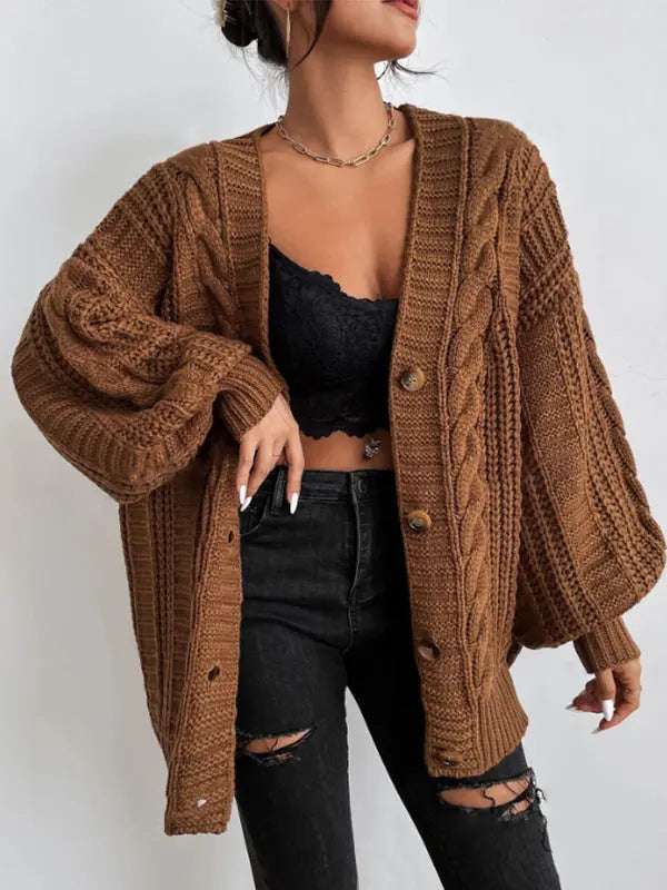 V neck Sweater Women Retro Loose Twist Lantern Sleeve Cardigan Knitted Coat Bella Mia