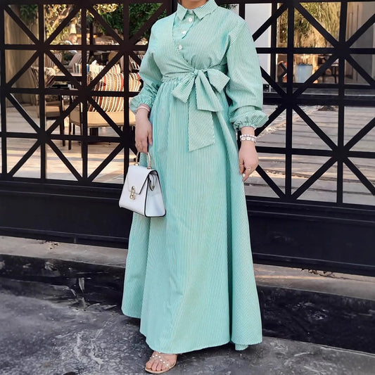 Women Striped Long Sleeve Turn down Collar Elegant Casual Robe Tunic Dress Bella Mia