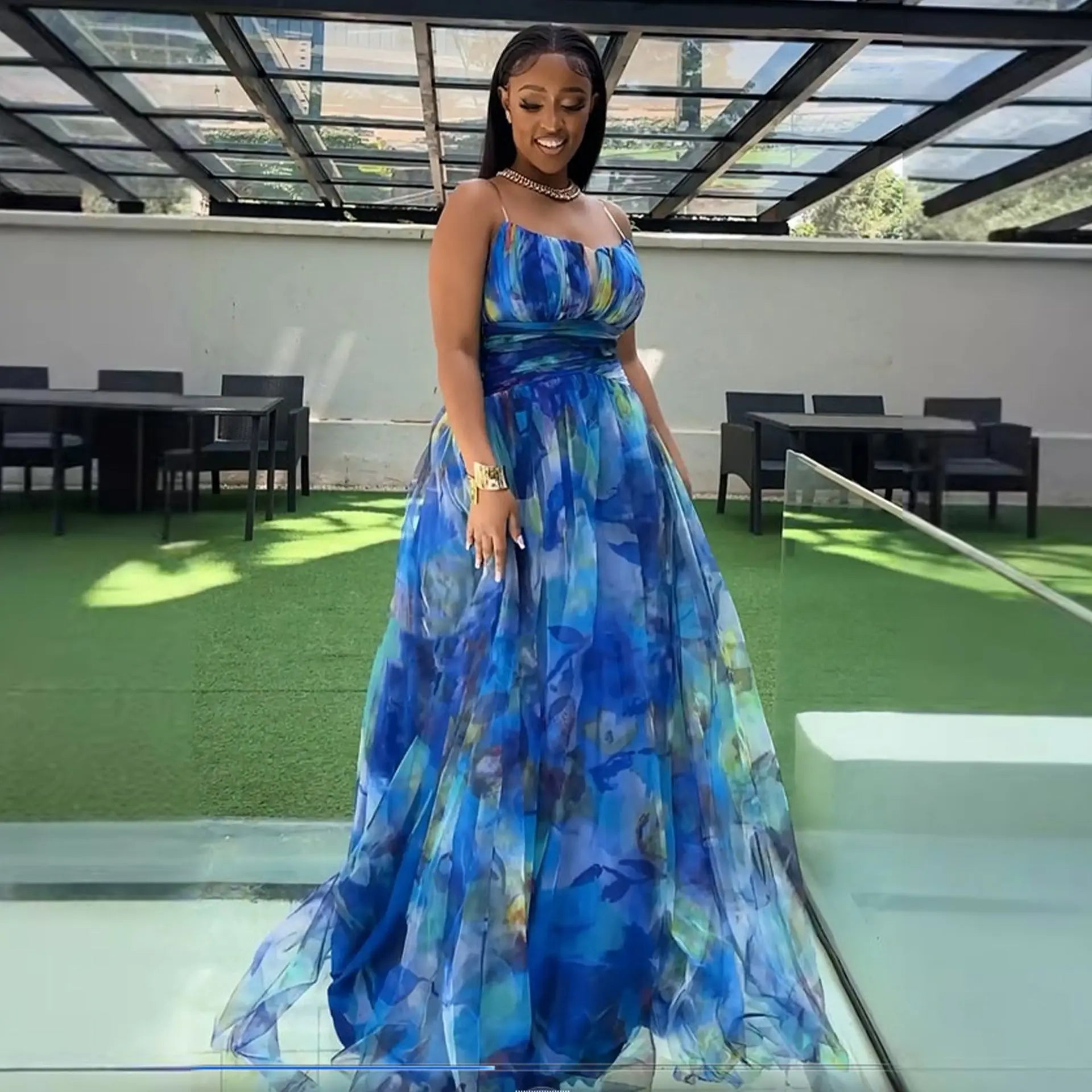 Women Mesh Patchwork Waist Slimming Spaghetti Strap Maxi Dress With Split Bella Mia