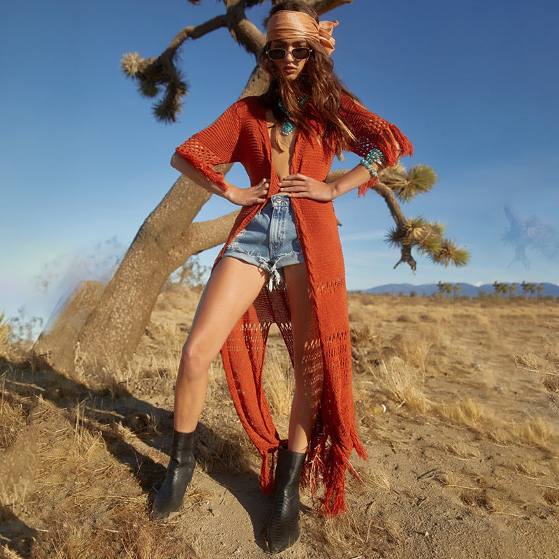 Knitted Tassel Beach Cover up Sexy Hollow Out Cutout Cardigan Vacation Robe Bikini Cover Bella Mia