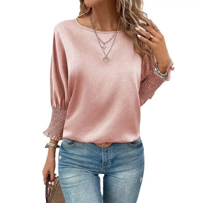 Casual Loose Women T shirt Smocking Batwing Sleeve Solid Color round Neck Top Spring Summer Women Bella Mia