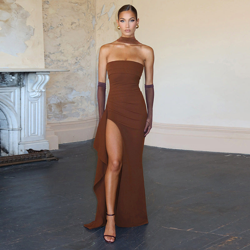 Women Clothing Summer Elegant Sexy Scarf Collar Slim Fit Slit Backless Dress Tube Top Dress Bella Mia