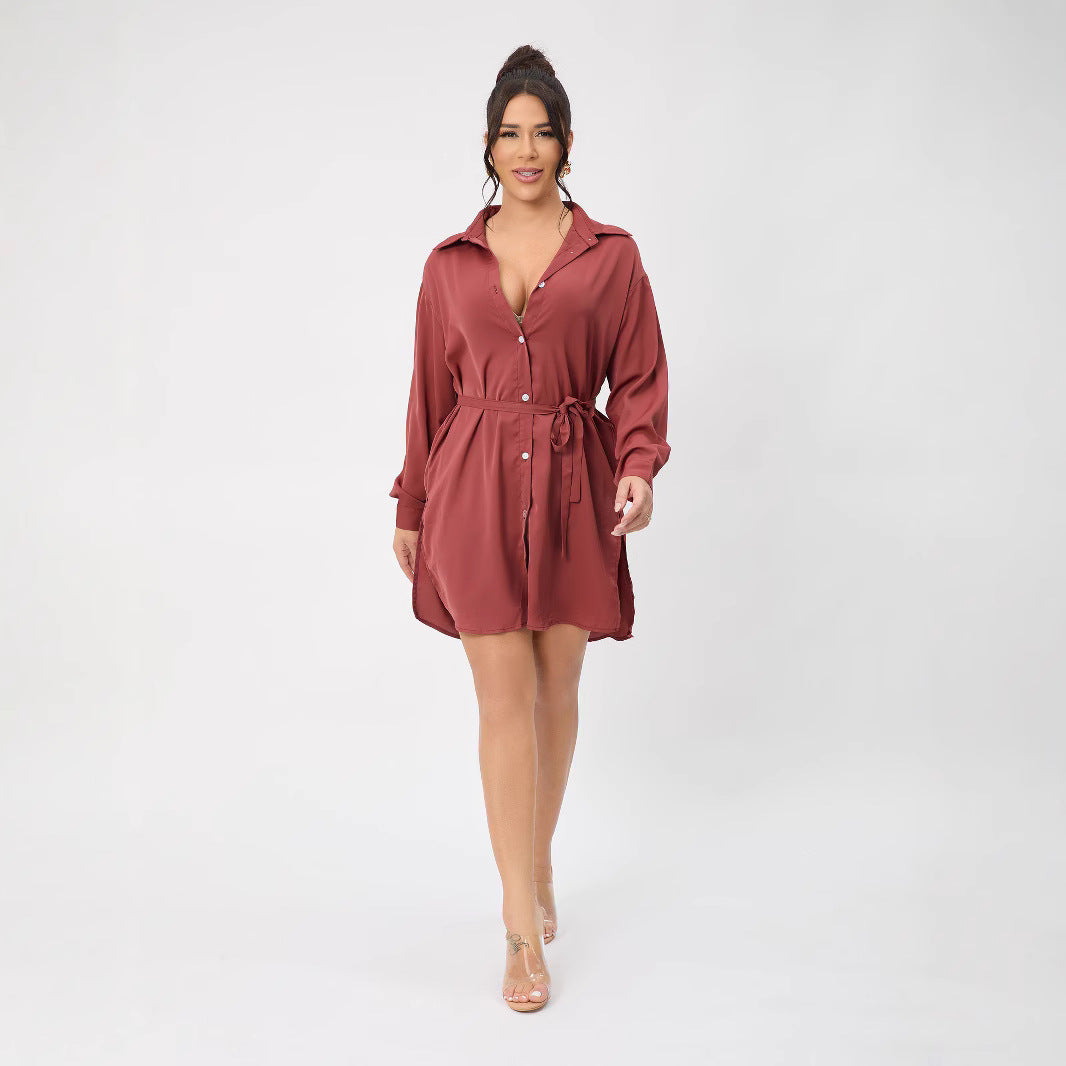 Casual Long Sleeve Women Clothing Long Shirt Collar Belt Two Piece Shorts Sets Women Spring