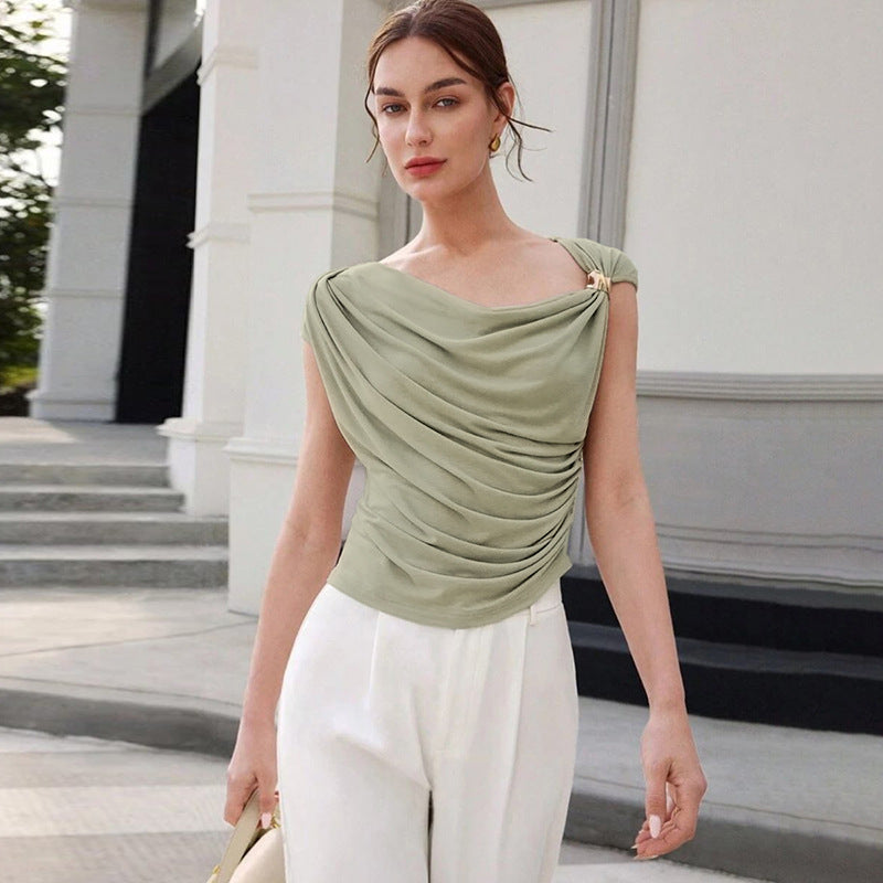 Summer Women Clothing Solid Color Simple Personality Diagonal Collar Sleeveless Cinched Slimming Pullover Women Bella Mia