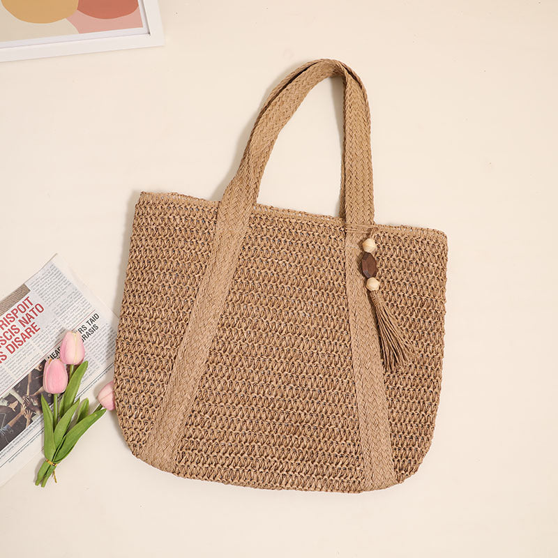 Women Solid Color Woven Bag Large Capacity Shoulder Straw Bag Vacation Beach Bag Women Bag Bella Mia