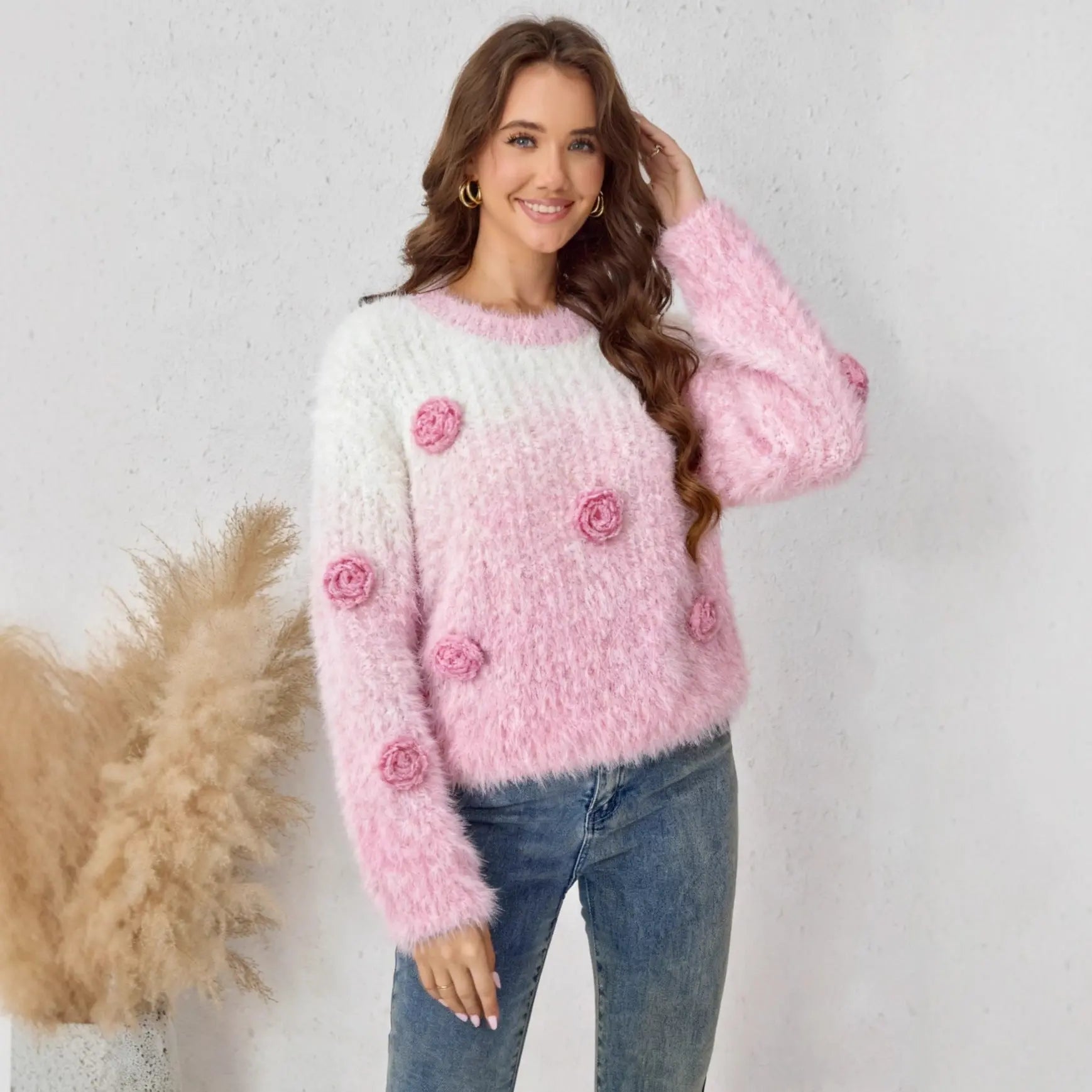 Autumn Winter Floral Ombre 3D Decoration Crew Neck Long Sleeve Sweater Loose Fit Bella Mia