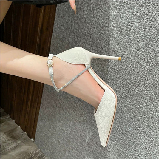 Pointed Stiletto Heel Side Empty Shoes Women Rhinestone Closed Toe Buckle High Heeled Sandals Bella Mia
