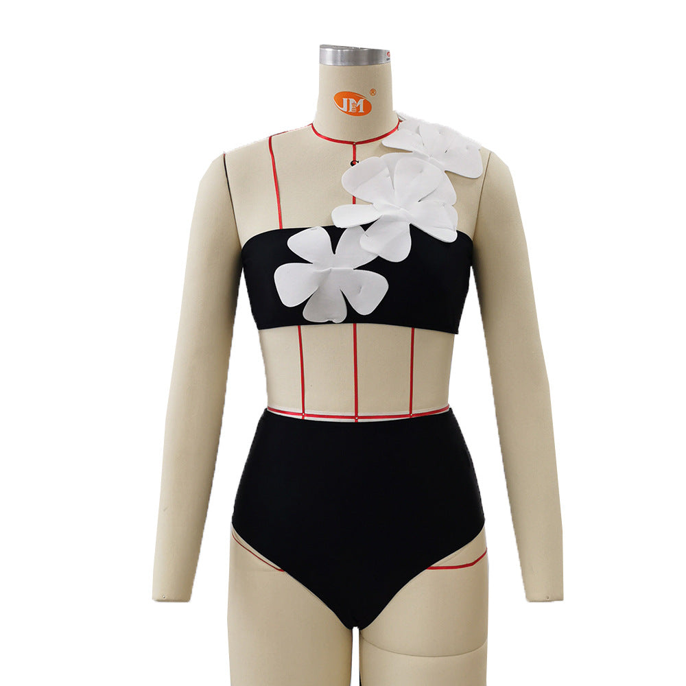 Split Swimsuit Women Solid Color One Shoulder Big Floral Tube Top High Waist Bikini Bikini Bella Mia