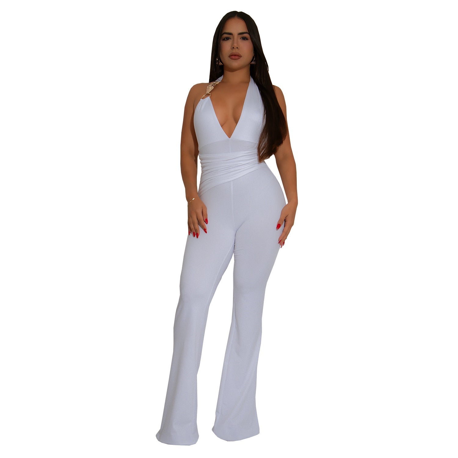 Women Wear Strap Sexy Deep V Plunge Halter Solid Color Jumpsuit Bella Mia