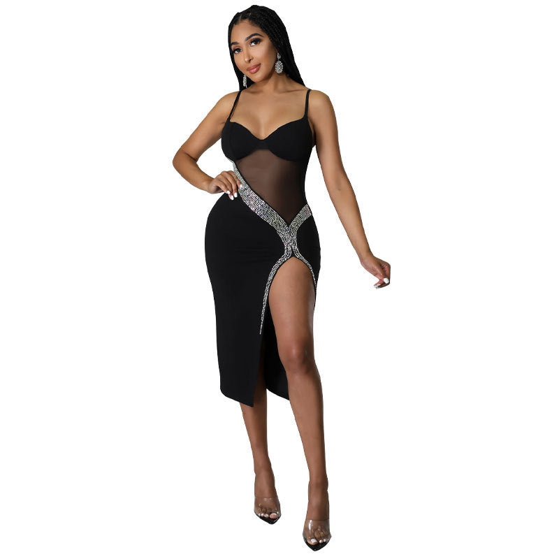 Dress Fur Women Braces Mid Length Rhinestone Sexy Dress Bella Mia