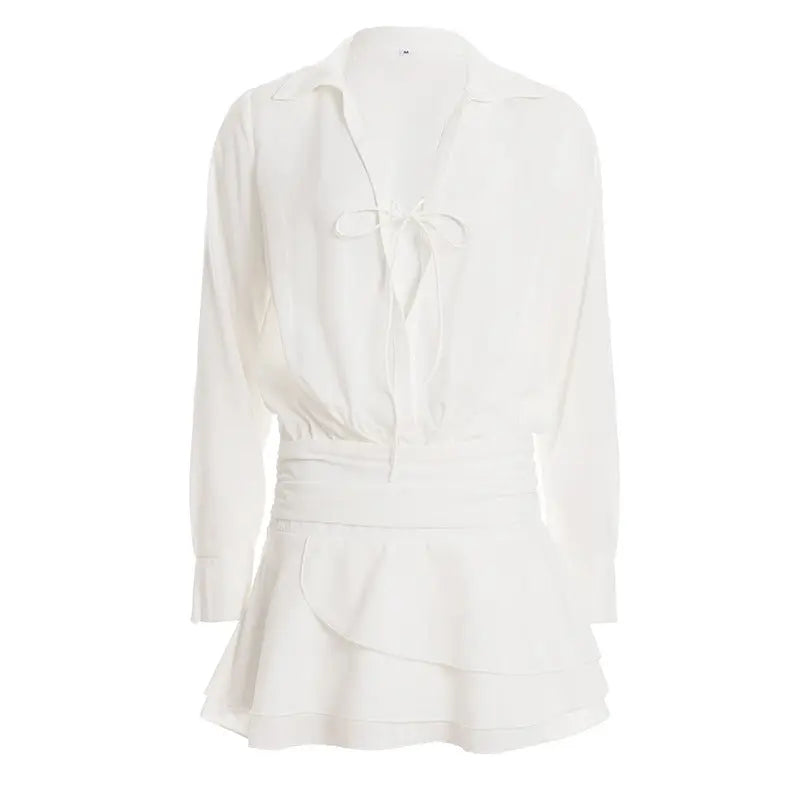 Casual Solid Color Hollow Out Cutout out Strap Stacked Long Sleeve Dress Women Deep V Plunge Drape Waist Tiered Dress Bella Mia