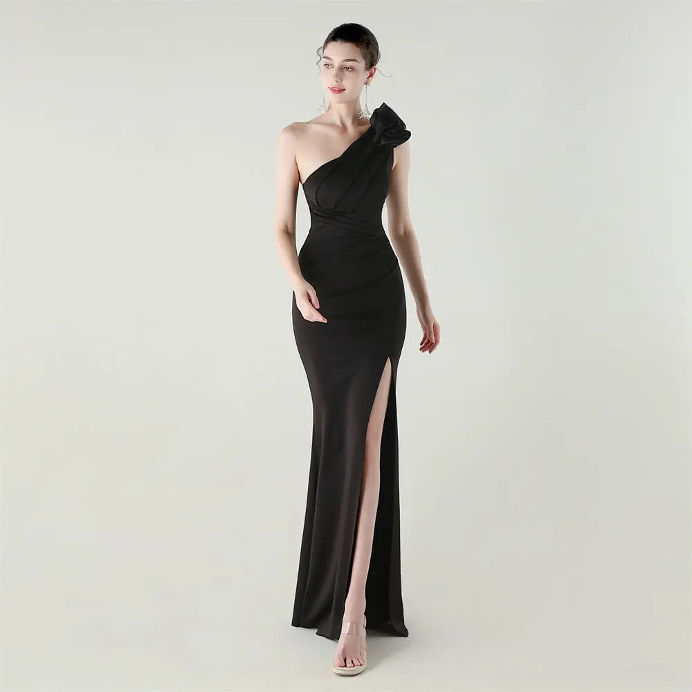 One Shoulder Three Dimensional Floral Satin Folding High Slit Sexy Evening Dress Dinner Wedding Social Bella Mia