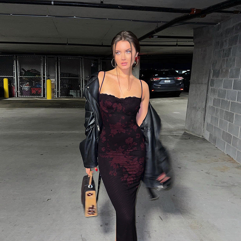 Spring Summer Women Sexy Strap Lace Slim Sheath Print Retro Dress Bella Mia