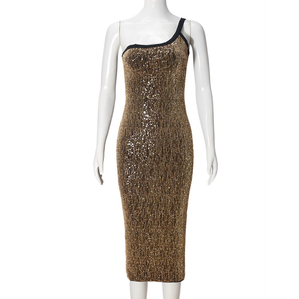 Women Clothing Sequin Retro Sexy One Shoulder Sling Backless Stretch Dress Bella Mia