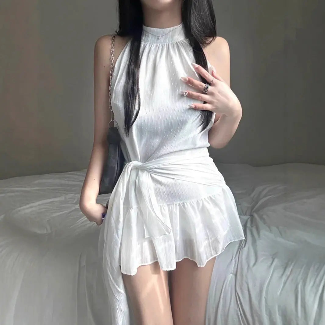 Gentle Girlish Halter round Neck Sleeveless Dress Waist Controlled Lace up Short Double Layer Flounced Bella Mia