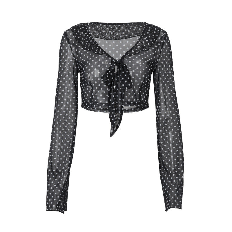 Women Clothing Summer Sexy See through Polka Dot Printed Long Sleeve Elegant Top Bella Mia
