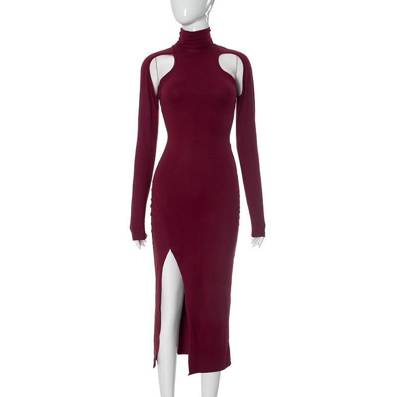 Women Sexy Slim Deep Cerise Hollow Out Cutout Split Mid Length Dress Bella Mia