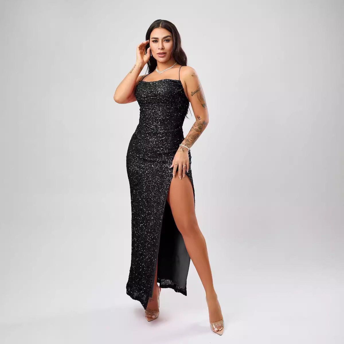 Sequin Formal Dress Autumn Winter Women Sexy Sleeveless Split Dress Bella Mia