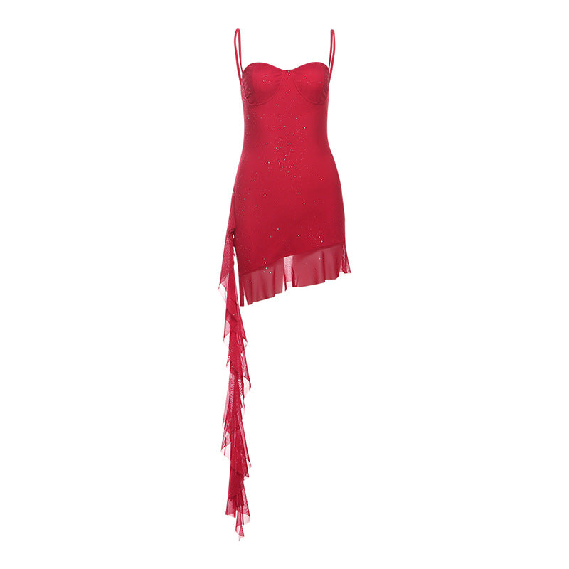 Spring Women Sexy Mesh Irregular Asymmetric Ribbon Slim Fit Backless Sling Dress