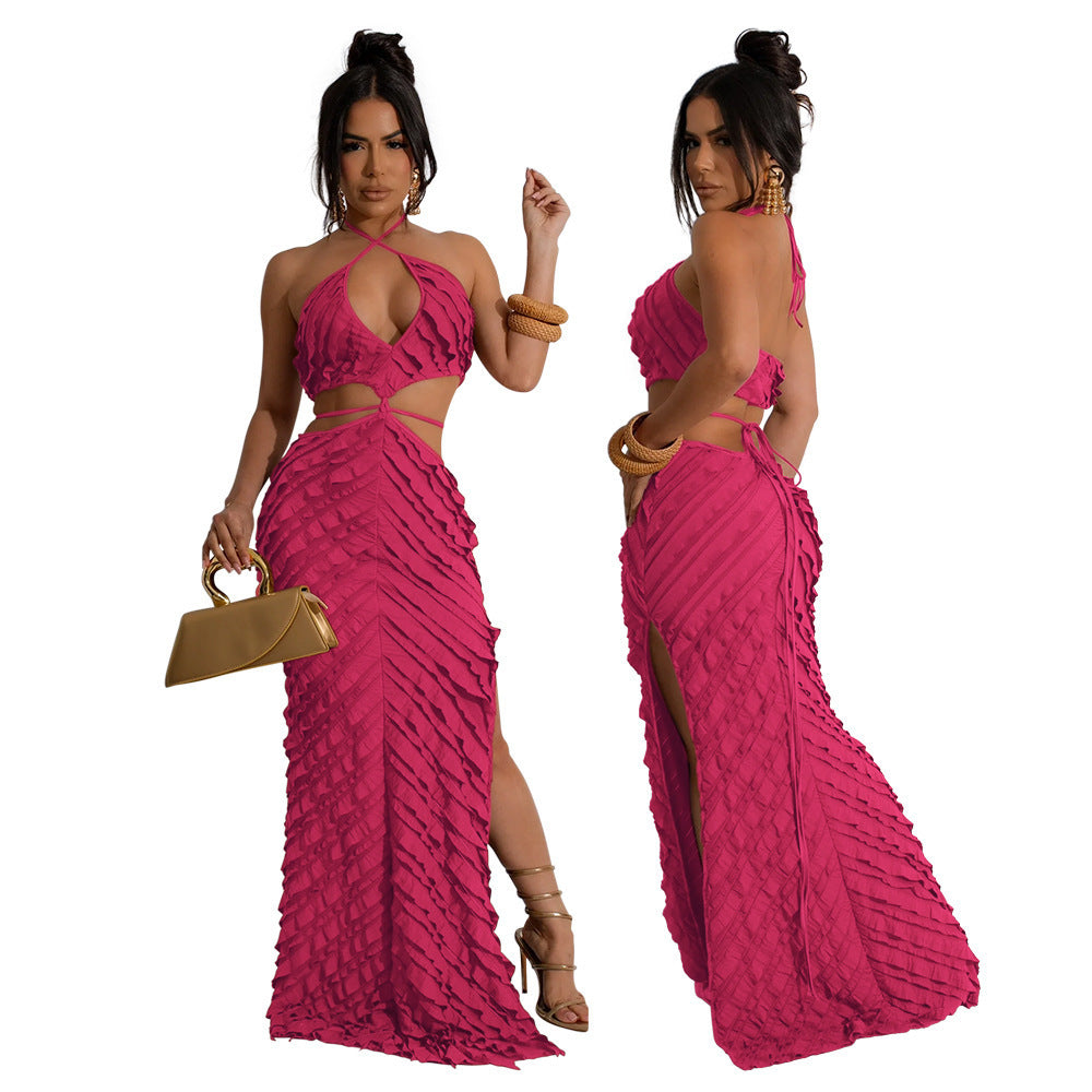 Women Clothing Small Louver Sexy Halter Lace Up Slim Fit Hollow Out Cutout Dress Bella Mia