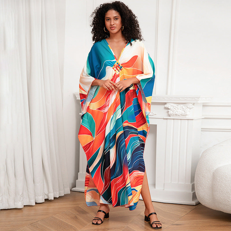 Positioning Print Holiday Loose plus Size Robe Beach Cover up Dress Bikini Cover-up Women's Clothing