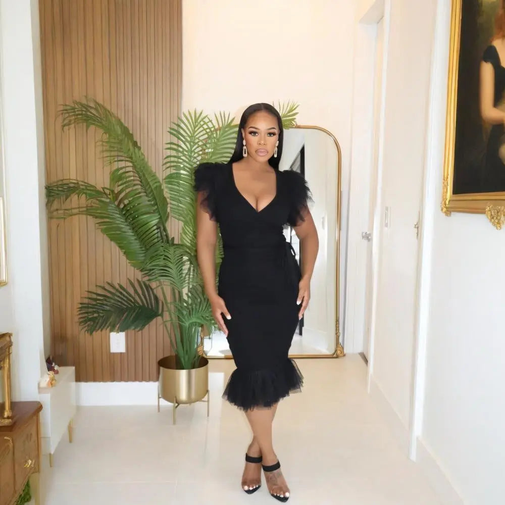 Sexy V neck Solid Color Dress Mesh Pleated Slim Fit Hip Dress Bella Mia